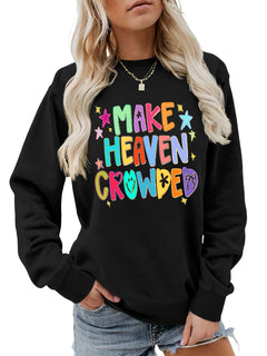 Damen Sweatshirt mit buntem Motiv und verspieltem Schriftzug in Schwarz