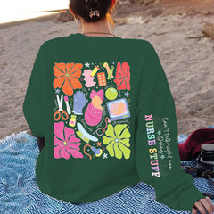 Damen Sweatshirt mit buntem Grafikdesign und originellem Pflege-Motiv in Grün