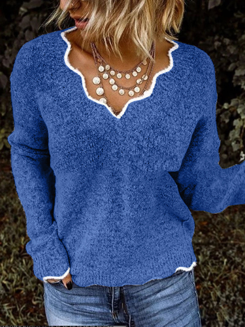 Damen SPITZEN V-AUSSCHNITT STRICKPULLOVER | ELEGANTER, KOMFORTABLER STIL