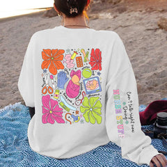 Damen Sweatshirt mit buntem Grafikdesign und originellem Pflege-Motiv in Weiß