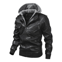 Lederjacke Herren abnehmbar Kapuze und Taschen in Schwarz