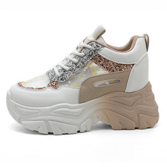 Damen Sportliche Glitter Sneakers mit trendiger Plateausohle in Khaki