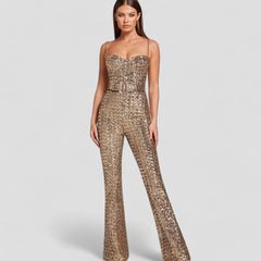 Damen Jumpsuit mit Pailletten, taillierter Schnitt und ausgestelltem Bein für festliche Anlässe in Gold