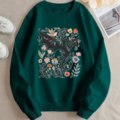 Damen Sweatshirt mit detailliertem Drachen- und Blumenmotiv in Dunkelgrün