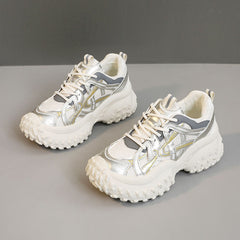 Damen Sportliche Chunky Sneakers mit atmungsaktivem Mesh-Obermaterial und dämpfender Laufsohle in Beige