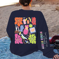 Damen Sweatshirt mit buntem Grafikdesign und originellem Pflege-Motiv in Dunkelblau