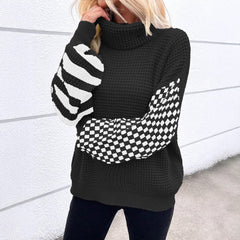 KARIERTER GESTREIFTER ROLLKRAGENPULLOVER | MODISCHER WARMHALTER in Schwarz