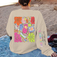 Damen Sweatshirt mit buntem Grafikdesign und originellem Pflege-Motiv in Khaki