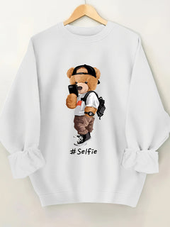 Damen Sweatshirt mit künstlerischem Bärendesign und lässigem Schnitt in Weiß