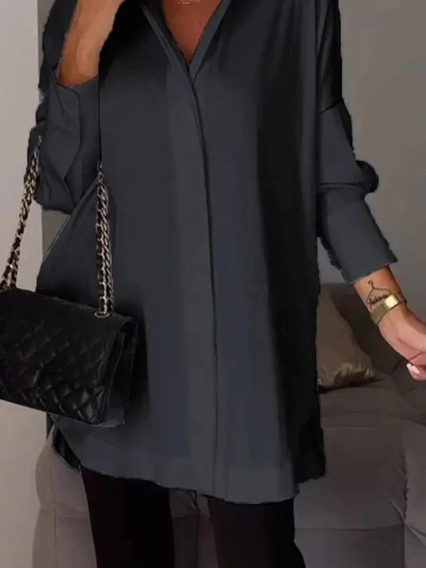 Oksana- Elegantes Blusenkleid In Volltonfarbe Für Damen