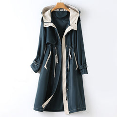 Langer Wasserdichter Trenchcoat für Damen | Mit Kapuze in Blau