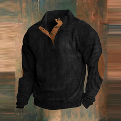 Thomas | Herren Gerippter Pullover mit Knopfkragen in Schwarz