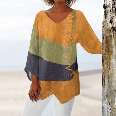 Colorblock V-Ausschnitt Leinenbluse für Damen