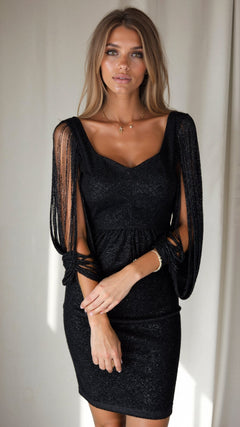 Simi - Damen Abendkleid mit Pailletten und feiner Schnittführung in Schwarz