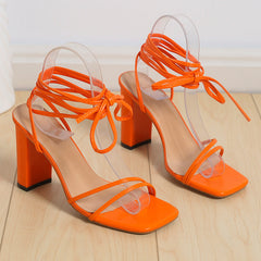 Penelope - Sommer Damen Elegante Schnürsandalen mit Blockabsatz in Orange