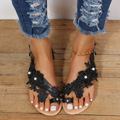 Pia - Bequeme Damen Sandalen mit Blumen & Knöchelriemen in Schwarz