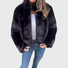 Aileen | Pelz-Winterjacke mit Stehkragen in Schwarz