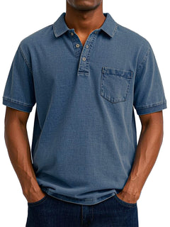 Gustav | Herren Vintage Kurzarm Polohemd mit Tasche in Dunkelblau