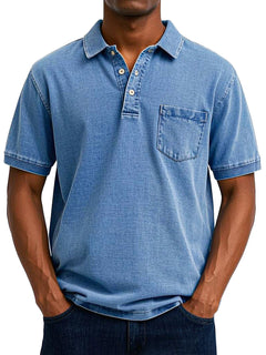 Gustav | Herren Vintage Kurzarm Polohemd mit Tasche in Blau