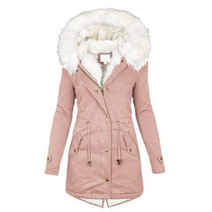Winterjacke Damen Lang Mit Kapuze | Parka Mit Reißverschluss und Kordelzug in Rosa