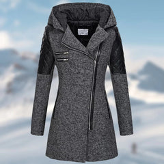 Winterjacke Damen Mit Kapuze | Lang Geschnitten Mit Reißverschluss in Dunkelgrau