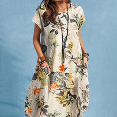 Damen Sommer-Midikleid mit Taschen und Blumenmuster in Gelb
