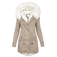 Winterjacke Damen Lang Mit Kapuze | Parka Mit Reißverschluss und Kordelzug in Khaki