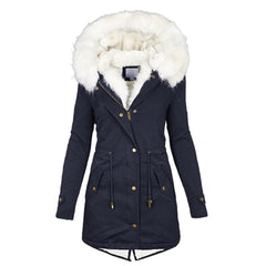 Winterjacke Damen Lang Mit Kapuze | Parka Mit Reißverschluss und Kordelzug in Blau