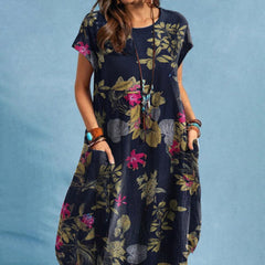 Damen Sommer-Midikleid mit Taschen und Blumenmuster in Marineblau