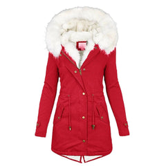 Winterjacke Damen Lang Mit Kapuze | Parka Mit Reißverschluss und Kordelzug in Rot