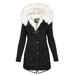 Winterjacke Damen Lang Mit Kapuze | Parka Mit Reißverschluss und Kordelzug in Schwarz