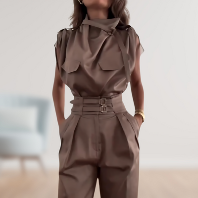 Damen Sommer Hohem Kragen Ärmelloser Jumpsuit mit Schnalle