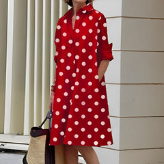 Masha - Fashion Langarm Kragen Midikleid in Rot polka