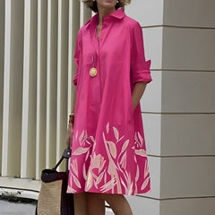 Masha - Fashion Langarm Kragen Midikleid in Rosa