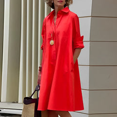 Masha - Fashion Langarm Kragen Midikleid in Rot