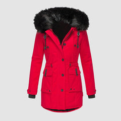 Winterjacke Damen Gefüttert Mit Kapuze | Reißverschluss Jacke Mit Taschen in Rot