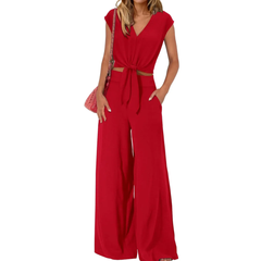 Michelle - V-Ausschnitt Crop Top mit Knoten vorne und weit geschnittene Hose Set in Rot