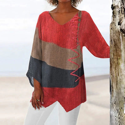 Colorblock V-Ausschnitt Leinenbluse für Damen