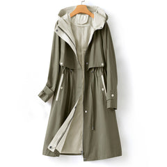 Trenchcoat Damen | Langer Übergangsmantel Mit Kapuze in Grün