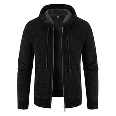 Gefütterte Herren Strickjacke Mit Kapuze | Winterjacke Mit Reißverschluss in Schwarz