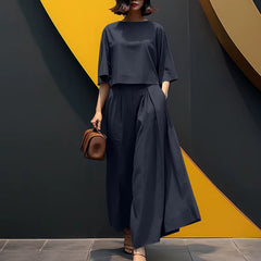 Sofia™ Set mit Lockerer Cropped-Bluse und High-Waist Culotte in Dunkelblau