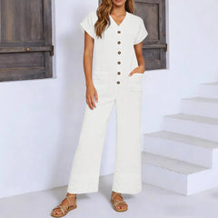 Cannes™ Jumpsuit mit Knopfleiste vorn und V-Ausschnitt in Weiß