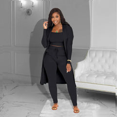Velmira™-Set mit Kurz Geschnittenem Oberteil, eng Anliegender Hose und Locker Fallendem Cardigan in Schwarz