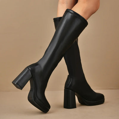 Damen Schwarze Overknee Stiefel | Plateau Klobigem Absatz