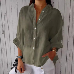 Damen Sommer Button Down Hemd | Langarm in Armeegrün