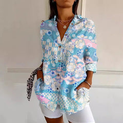 Damen Bedrucken Button Down Hemd | Langarm in Blau