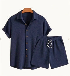 Jorvian - Strukturiertes Set aus Sommerhemd und Shorts in Blau