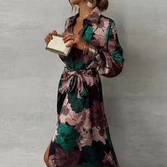 Renata | Damen Florales Maxi Hemdkleid mit Gürtel und Knopfleiste in Grün