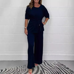 Aurelle™ Premium-Strickset mit Bluse mit Frontschnürung und fließender Hose / Das Wildcard-Teil der modernen Garderobe! in Marineblau