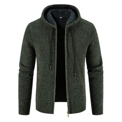 Gefütterte Herren Strickjacke Mit Kapuze | Winterjacke Mit Reißverschluss in Dunkelgrün